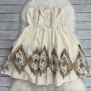 Anthropologie Moulinette Soeurs, Cream and Gold Strapless Dress, Size 6